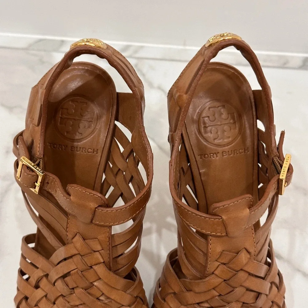 Tory Burch Nadia Brown Woven All Leather Logo 4
